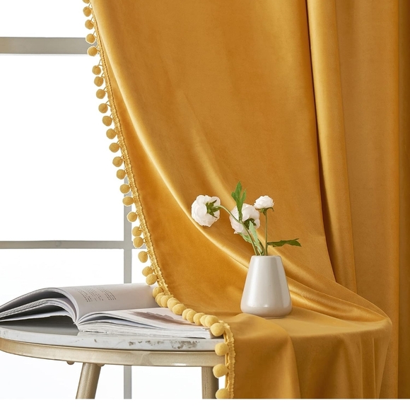 Miulee 63x52 Velvet Pom Pom Mustard Yellow Curtains Room Darkening Thermal Set 2 - Picture 7 of 10
